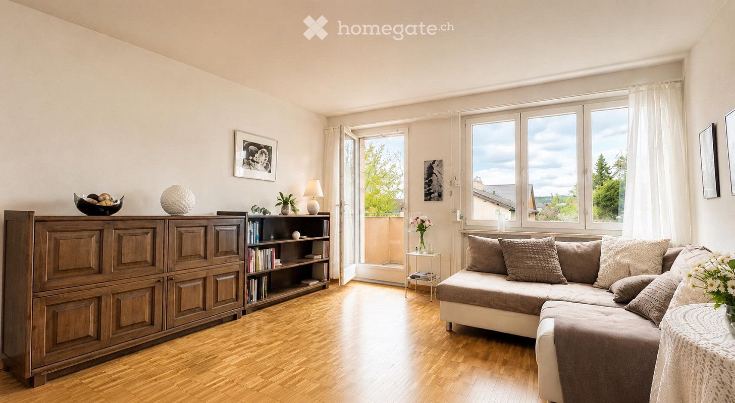 Bright living room with wooden flooring, large windows, and a balcony access. Features a sectional sofa, wooden cabinet, bookshelf, table lamp, and decorative items.