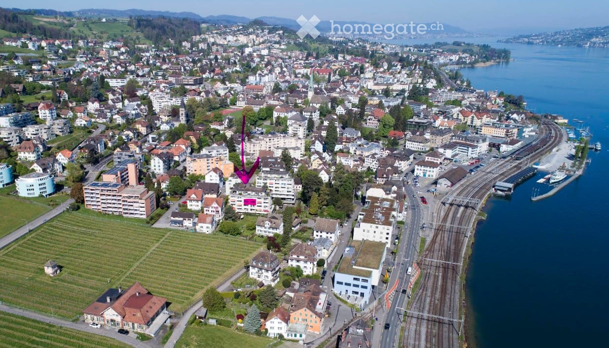 Aerial view of a town with a mix of residential and commercial buildings, surrounded by greenery and a body of water.