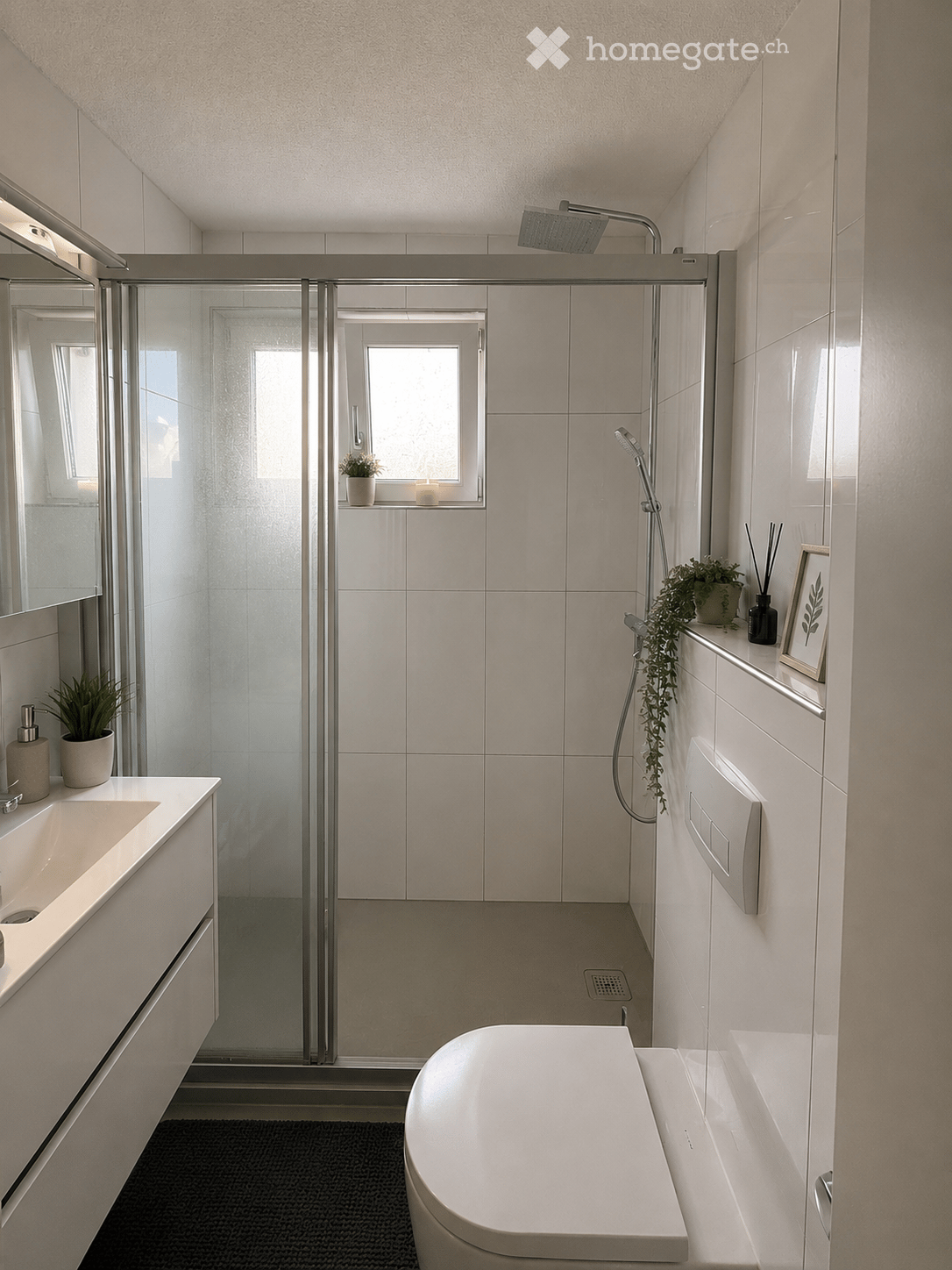 Modern bathroom with a bathtub, sink, mirror, glass-enclosed shower, and decorative plants and candles on the windowsill.