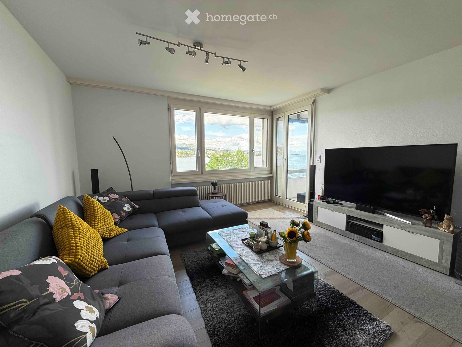Modern living room with large windows offering a scenic view, featuring a grey sectional sofa with colorful cushions, a glass coffee table with a flower vase and books, a flat-screen TV on a sleek entertainment unit, and a tall floor lamp near the window.