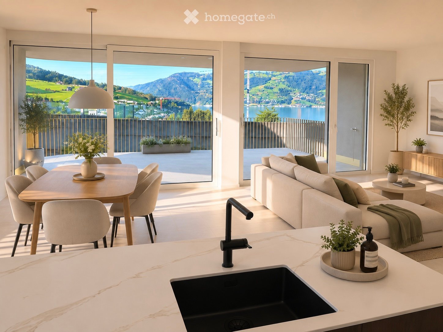 Modern open-plan living and dining area with a white marble countertop, sleek sink, and a large window offering scenic views. The space includes a sofa, coffee table, dining table with chairs, and decorative plants.