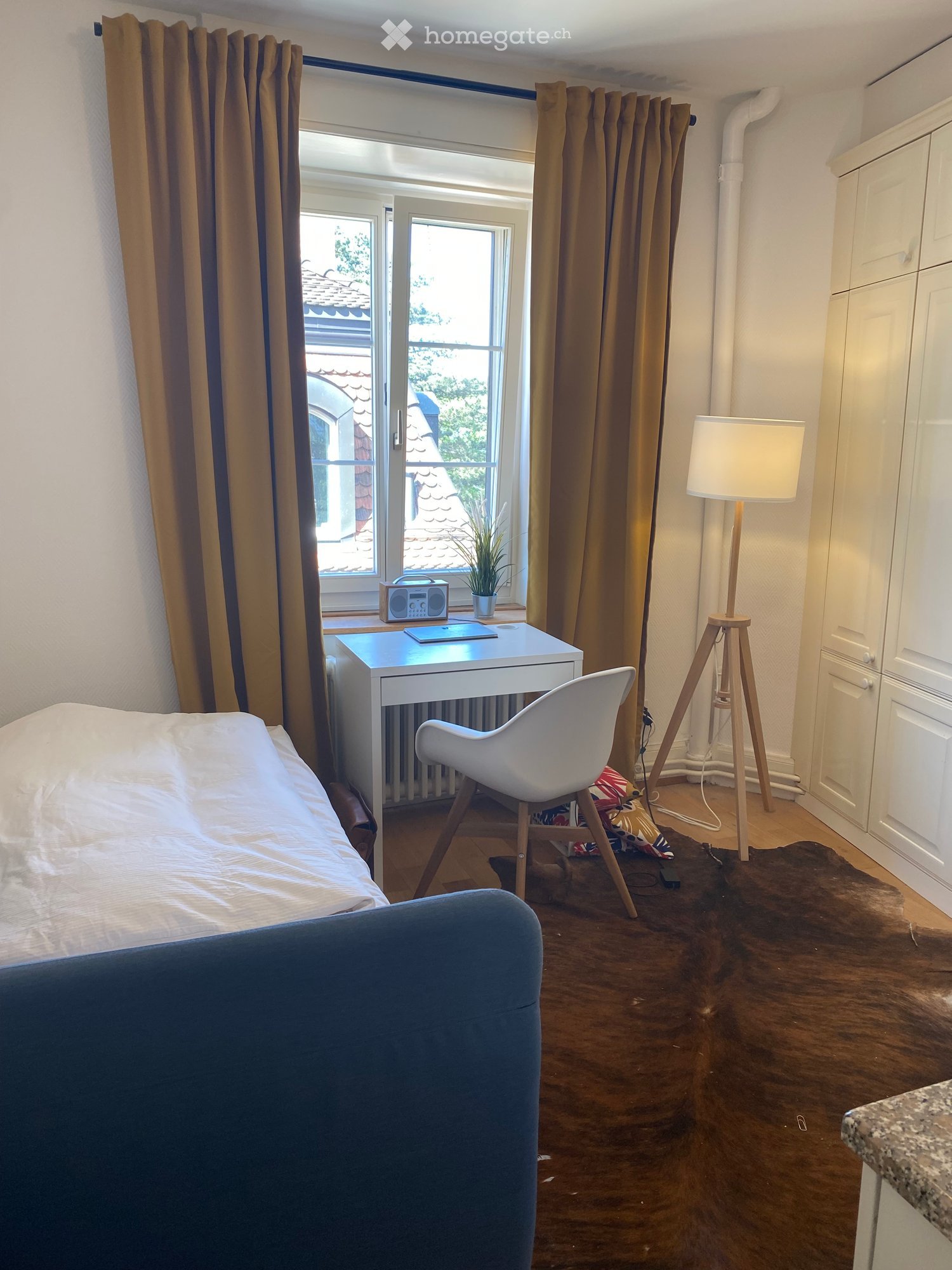 small bedroom with desk, chair, floor lamp, potted plant, and a bed