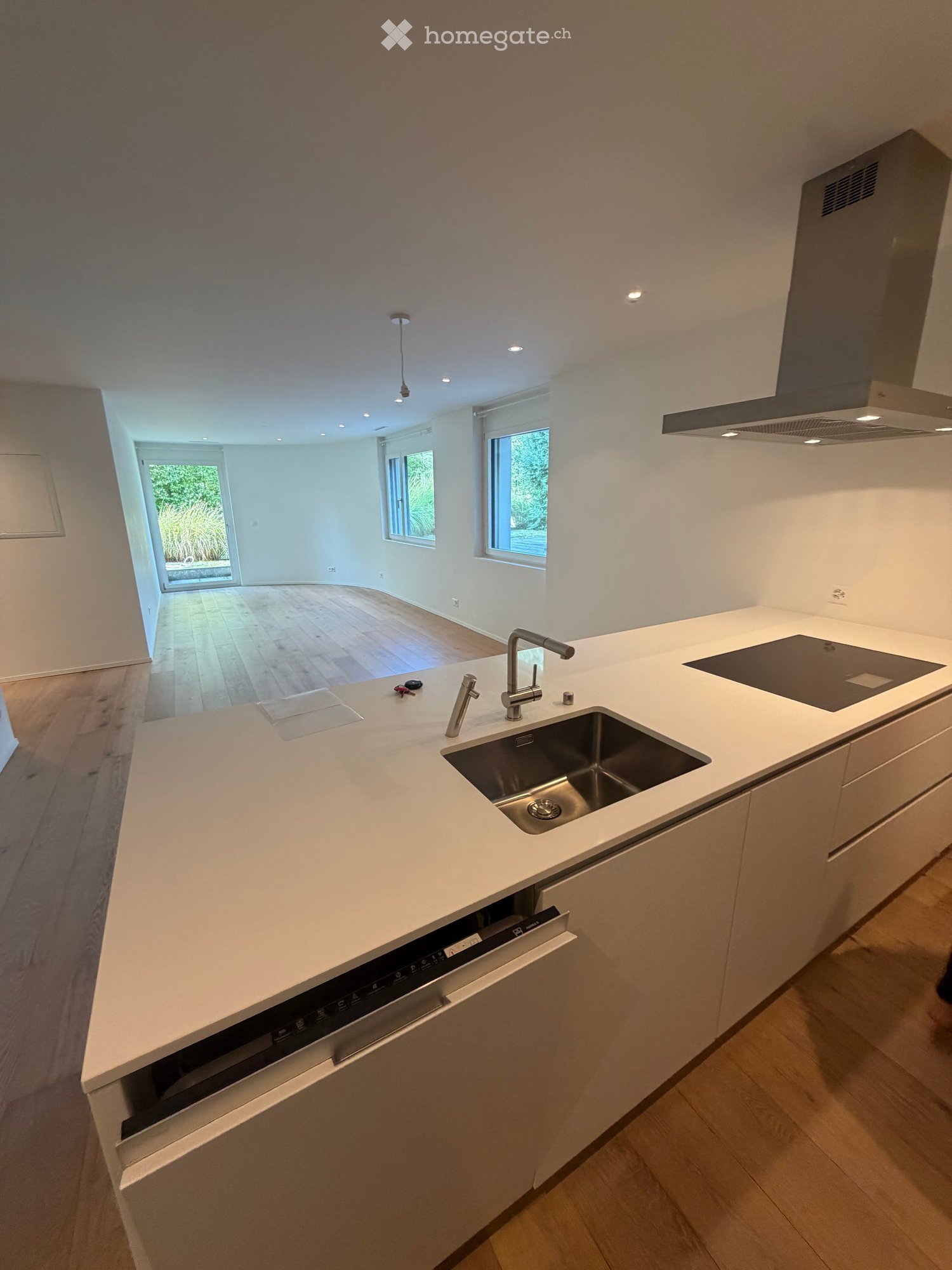 Modern kitchen with white countertops, stainless steel sink, faucet, dishwasher, and induction cooktop. Large windows and wooden flooring.
