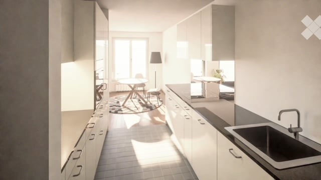 Modern kitchen with white cabinets, a sink, a faucet, a small dining area with a table and chairs, and a floor lamp.