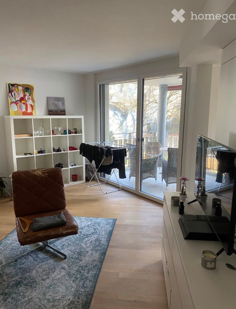 Modern living room with wooden flooring, large sliding glass doors leading to a balcony, a brown leather sofa, a white shelving unit, a small table with candles, and a mirror on the wall.