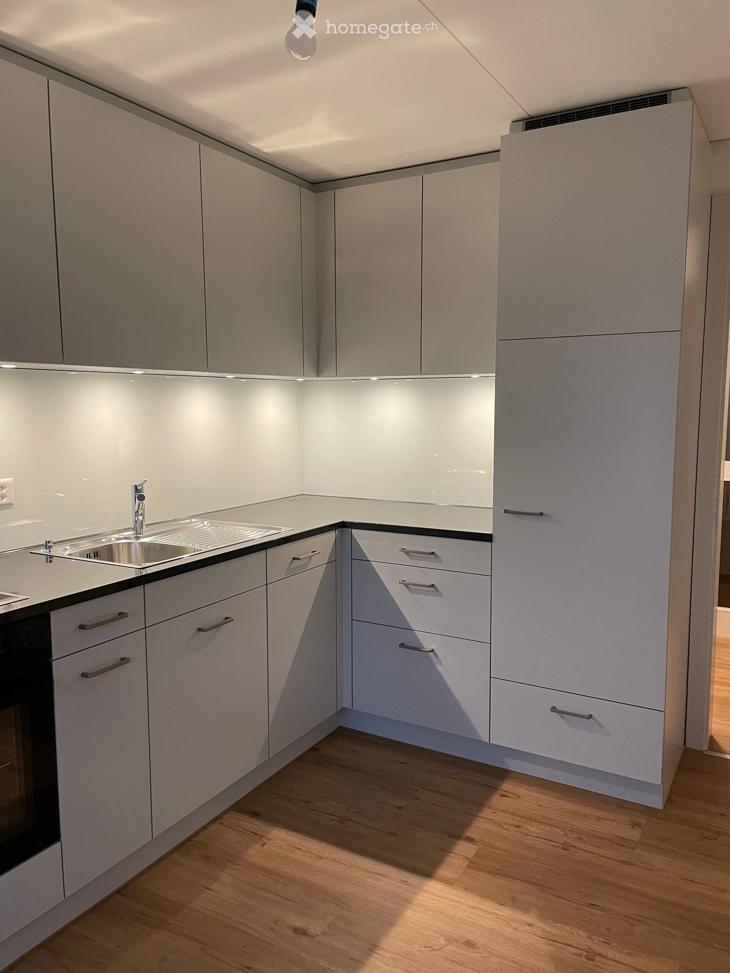 Modern kitchen with light grey cabinets, wooden flooring, stainless steel sink, and built-in oven.
