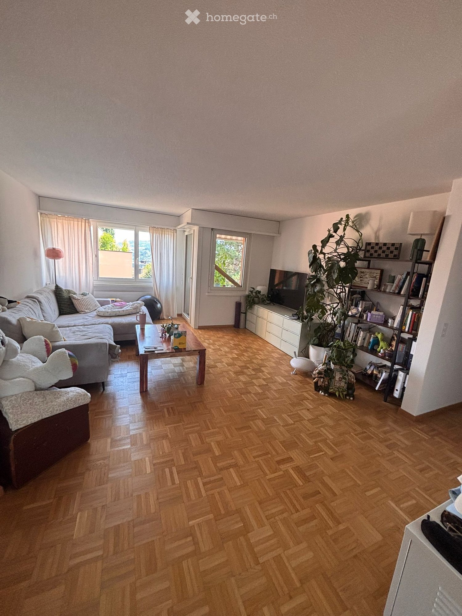 Living room with wooden herringbone flooring, large windows with white curtains, grey sectional sofa, coffee table, TV, bookshelf, and decorative plants.