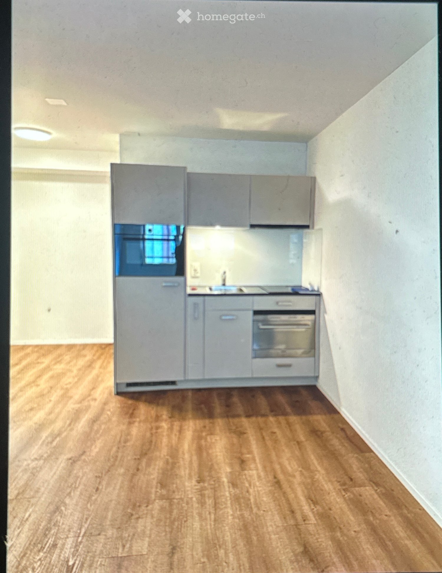 Modern kitchen with grey cabinets, stainless steel appliances, and wooden flooring.