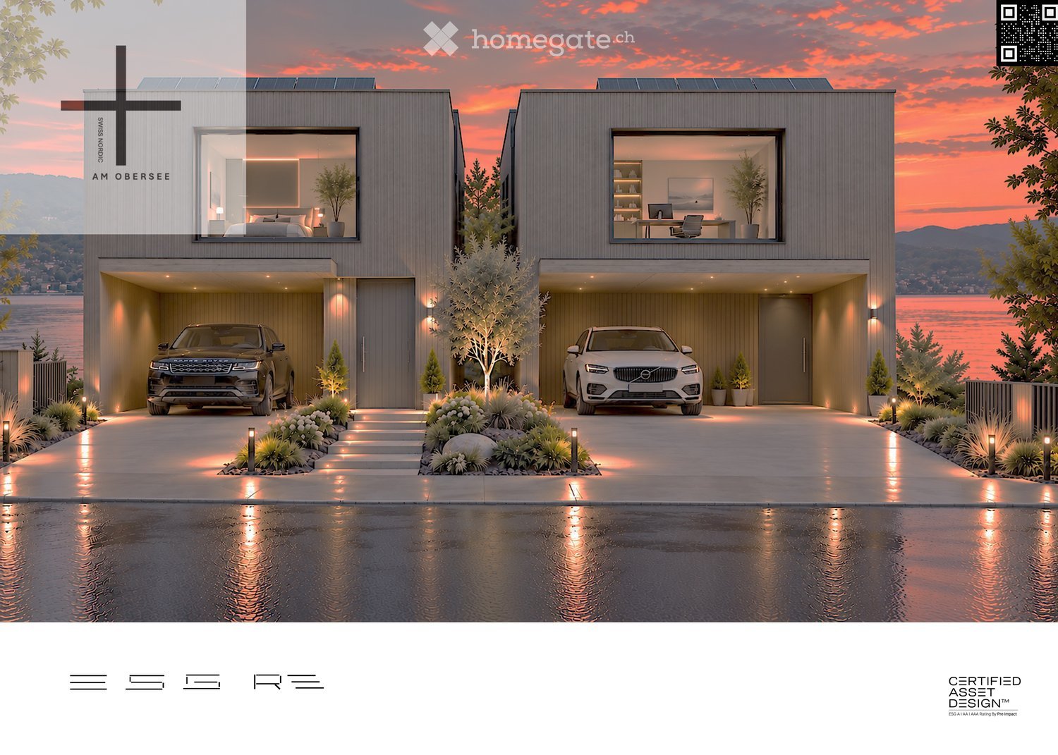 Modern two-story house with a sleek, contemporary design, featuring large windows, a spacious garage, and a well-maintained garden area.