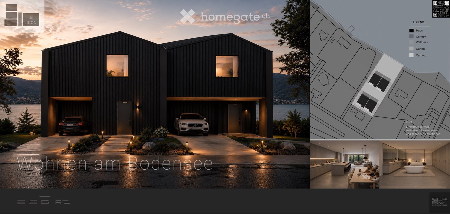 Modern black house with large windows, garage, and scenic lake view.