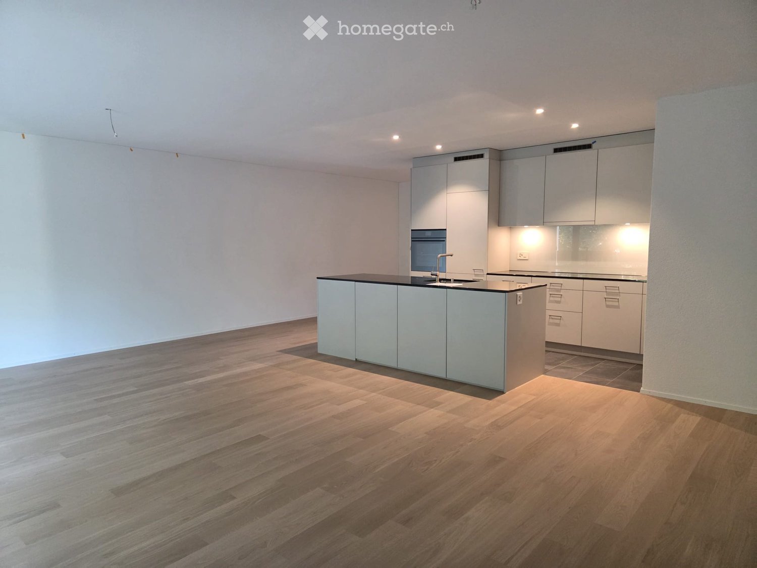 Modern kitchen with light grey cabinets, a central island, and a black countertop. The floor is made of light wooden planks.