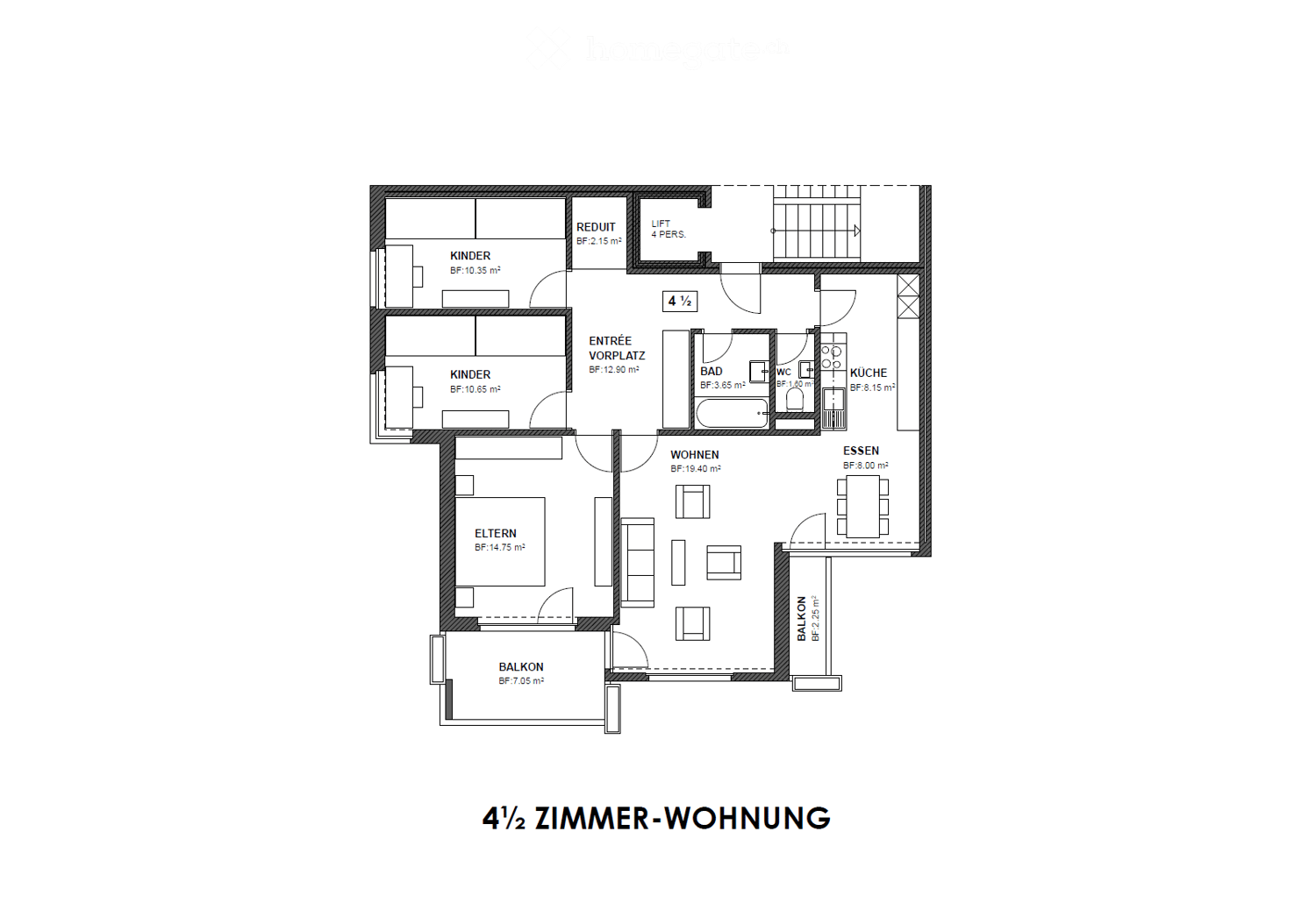 Floor plan of a 4.5-room apartment featuring a living area, dining area, kitchen, bathroom, two children's rooms, parents' room, entrance, and two balconies.