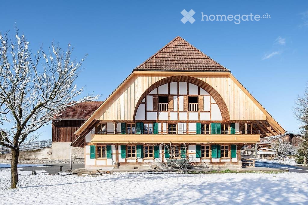 Traditional wooden house with a steep, triangular roof and green shutters, surrounded by snow-covered ground and trees.