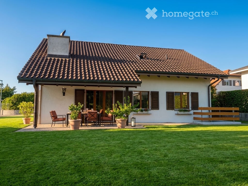 Single-story house with a tiled roof, large windows, and a covered patio area with outdoor furniture.