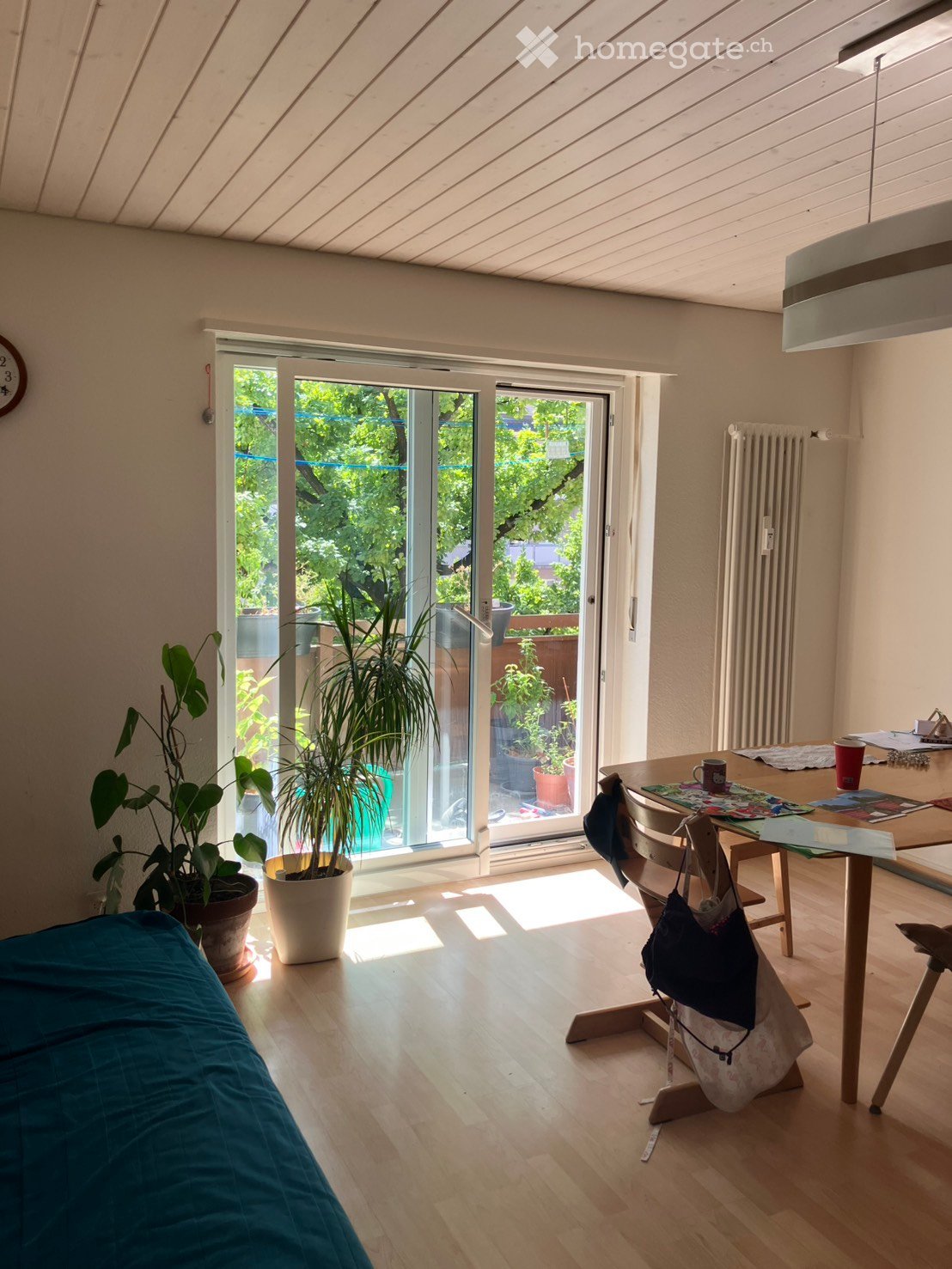 Bright room with wooden flooring, large sliding glass doors leading to a garden, a sofa, a dining table with chairs, and potted plants.