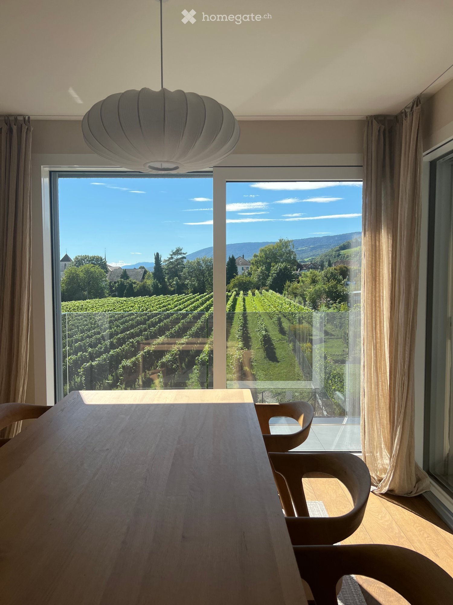 Bright dining area with large windows offering scenic vineyard views, modern pendant light fixture, wooden dining table, and chairs.