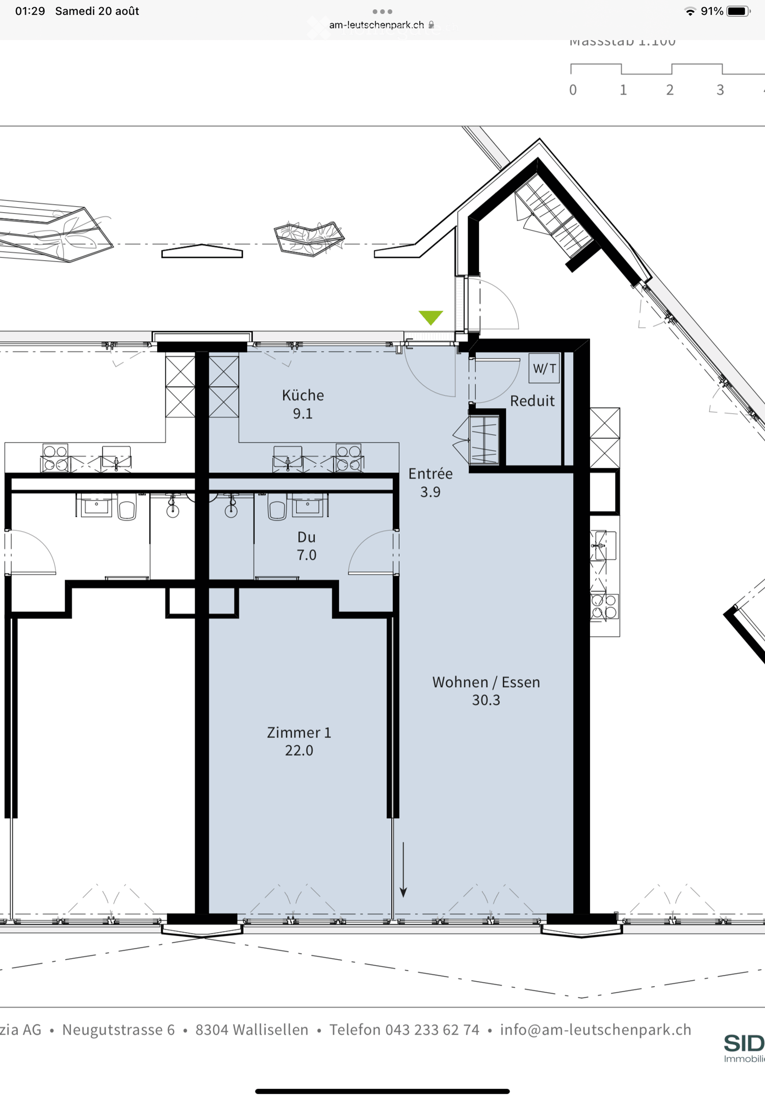 Floor plan showing a kitchen, living/dining area, bedroom, bathroom, and entrance.