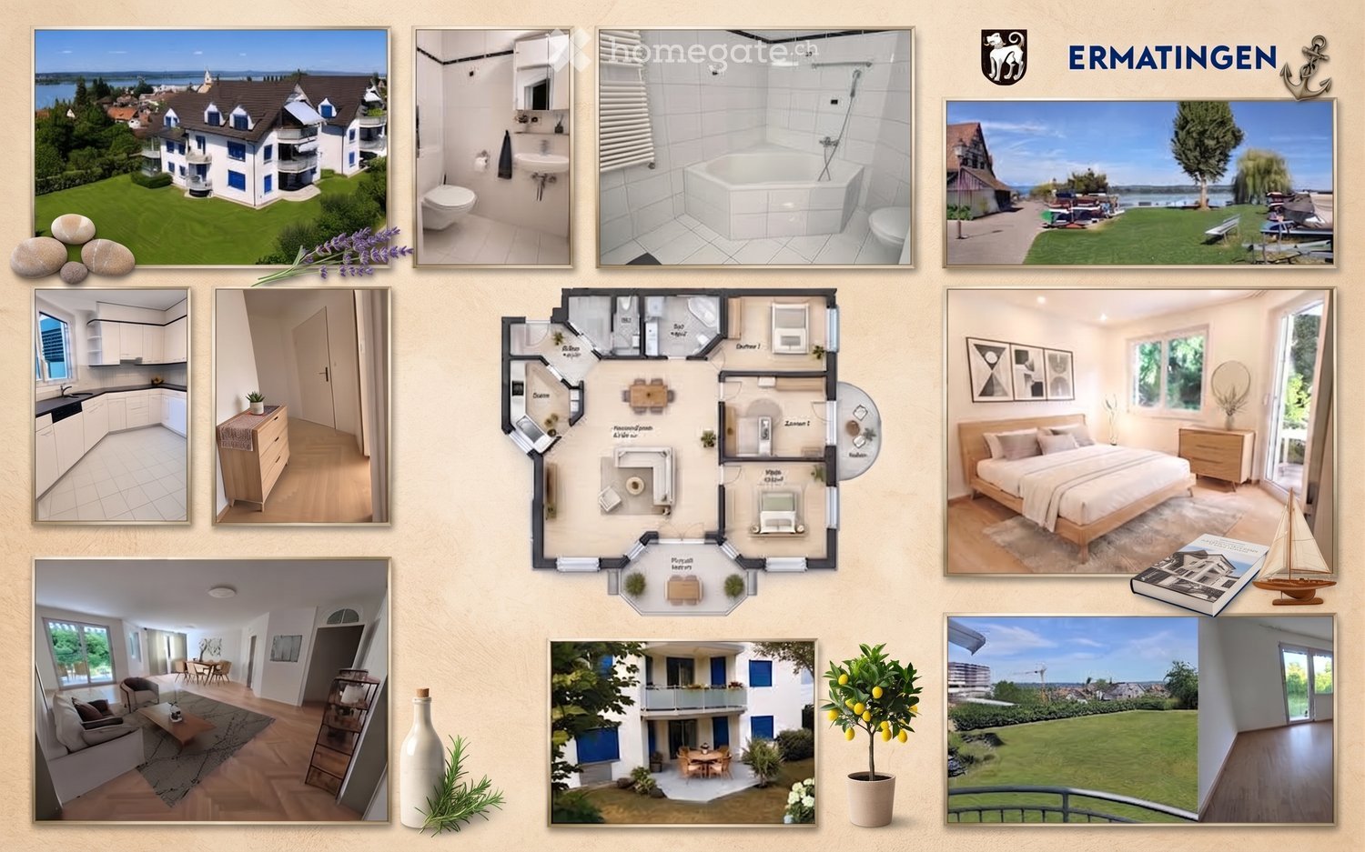 Collage of real estate images including a house exterior, bathrooms, kitchen, living room, bedroom, and a floor plan layout.