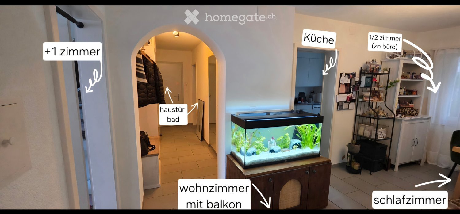 Floor plan showing a living room with a fish tank, kitchen, hallway, bedroom, and bathroom. Includes labeled areas for additional room, hallway, living room with balcony, bedroom, and half bathroom.