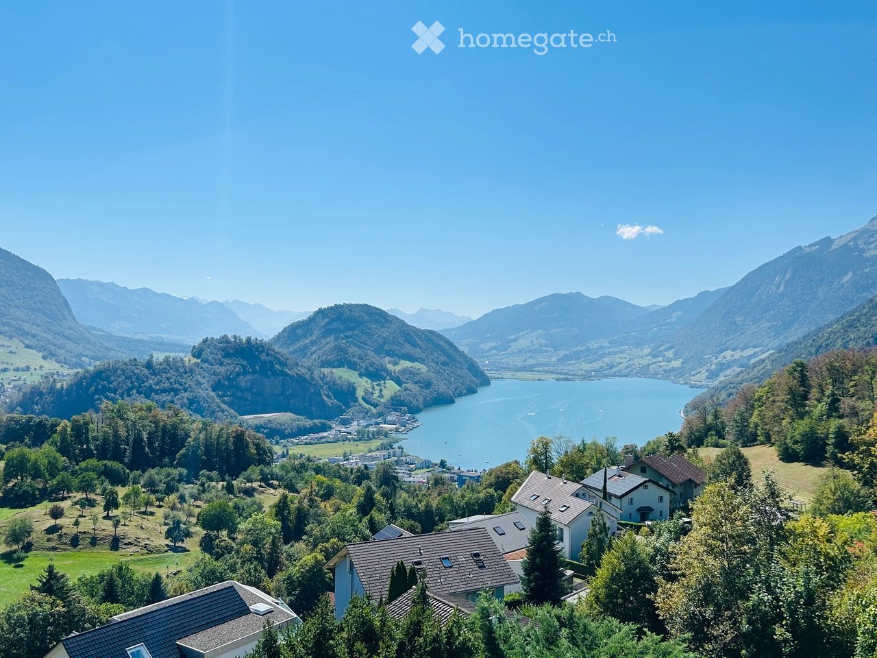A scenic view of a lake surrounded by mountains, with houses and trees in the foreground.
