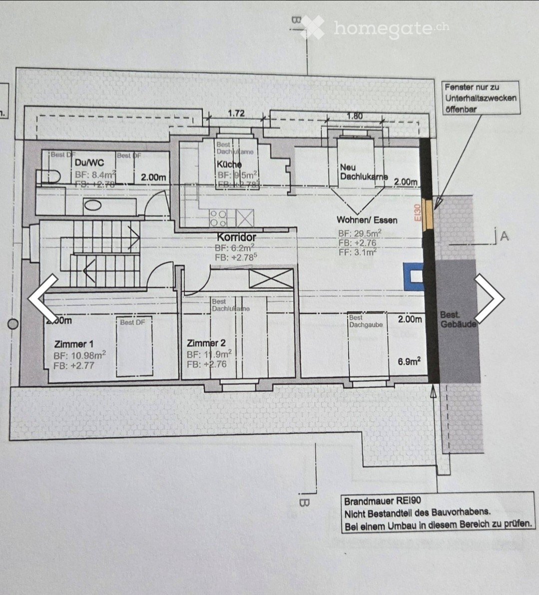 Floor plan showing a layout with a kitchen, living/dining area, two bedrooms, a corridor, and a new attic space. Includes measurements and notes on existing and new structures.