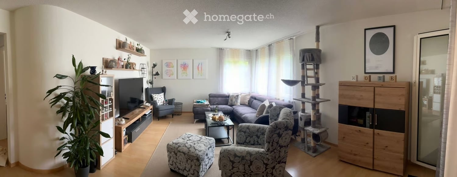 Modern living room with a grey sectional sofa, coffee table, ottoman, armchairs, cat tree, TV stand, and a large plant. The room features large windows with sheer curtains and a sleek wooden floor.