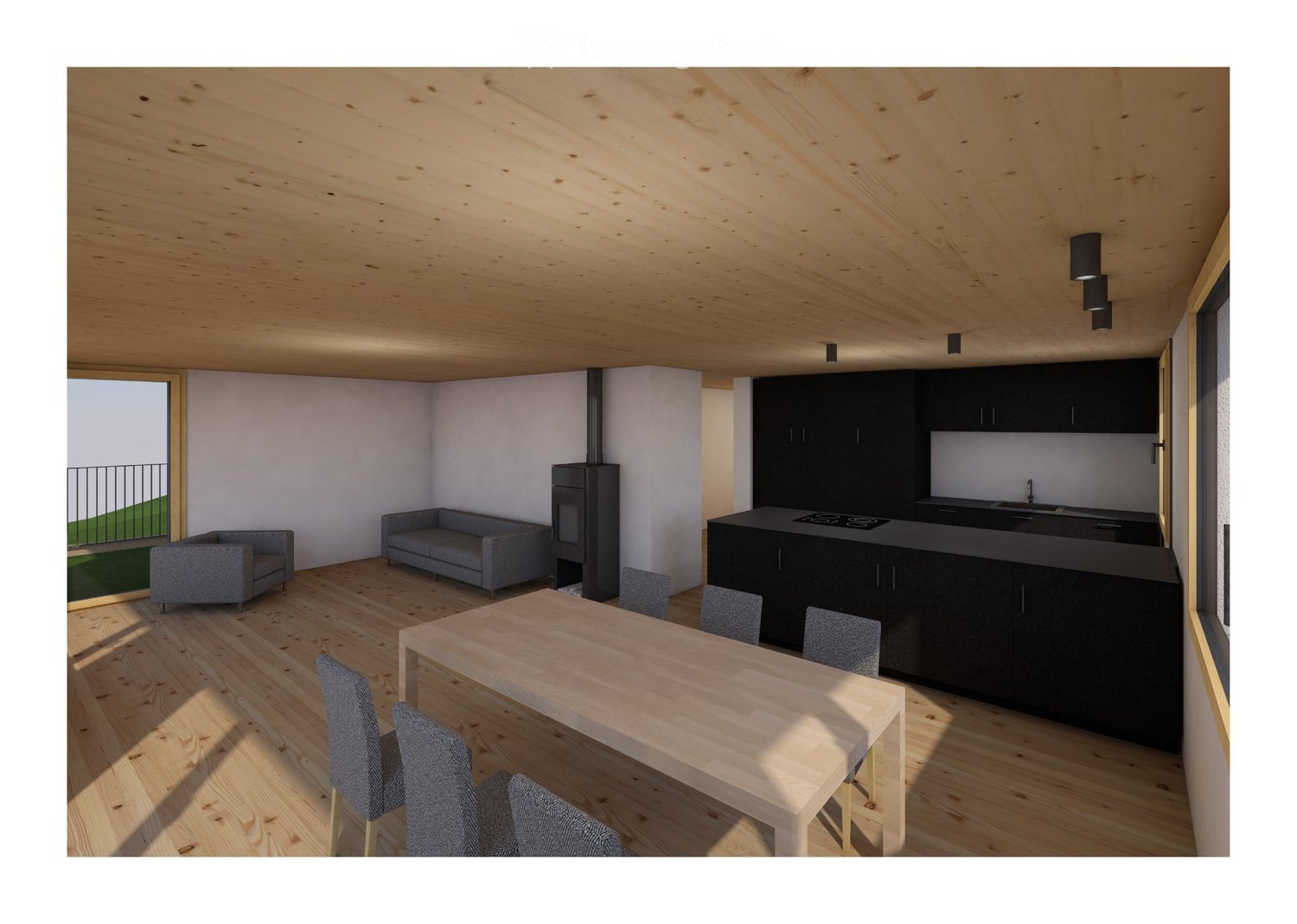 Open-plan living and dining area with a grey sofa, armchair, wooden dining table, chairs, and a modern kitchen island with cabinets and a stove. The space features wooden flooring and a wooden ceiling with recessed lighting.
