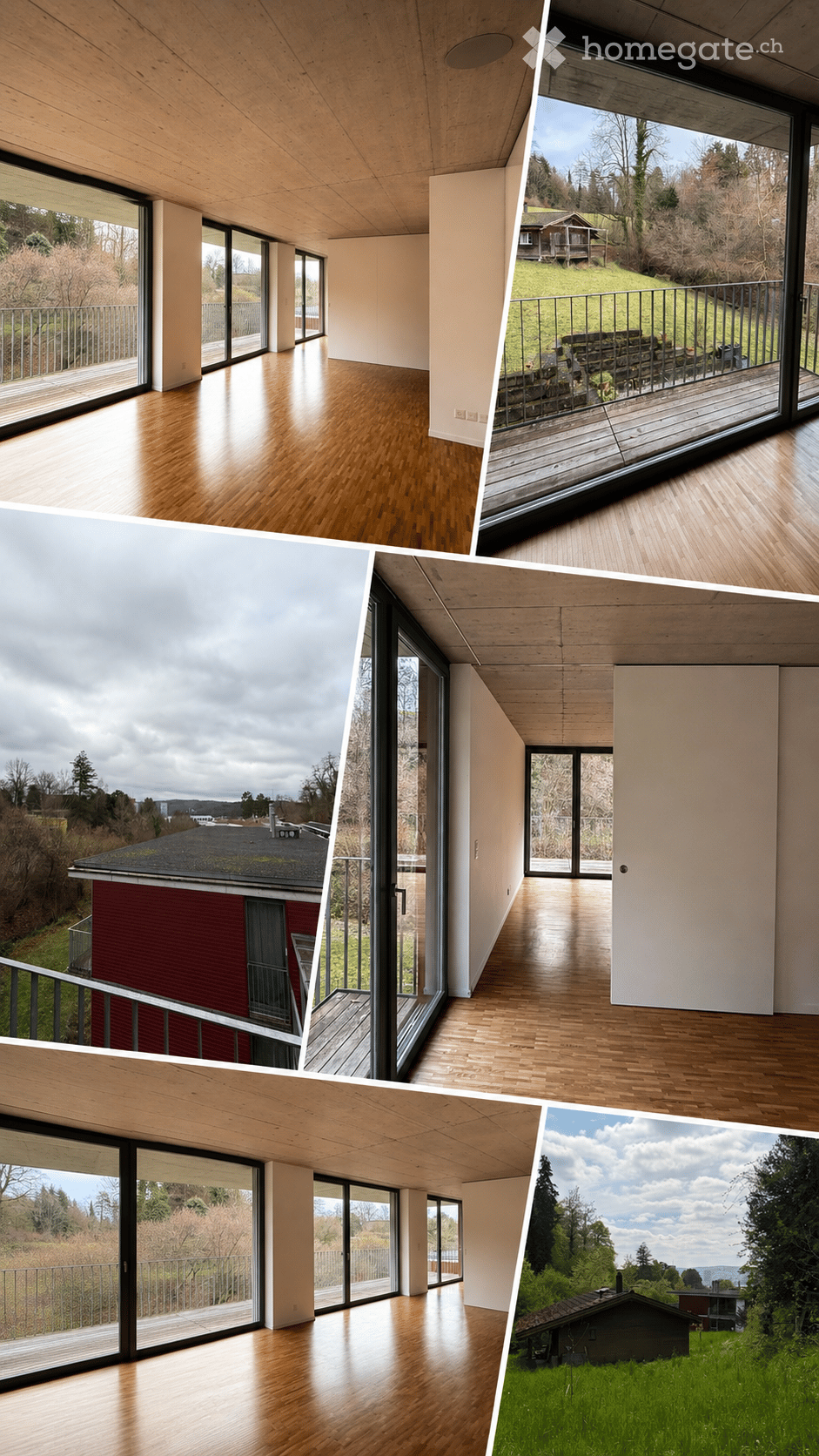 Modern house with large glass windows, wooden flooring, and a spacious open layout. The exterior features a red brick facade and a well-maintained garden with a view of the surrounding landscape.