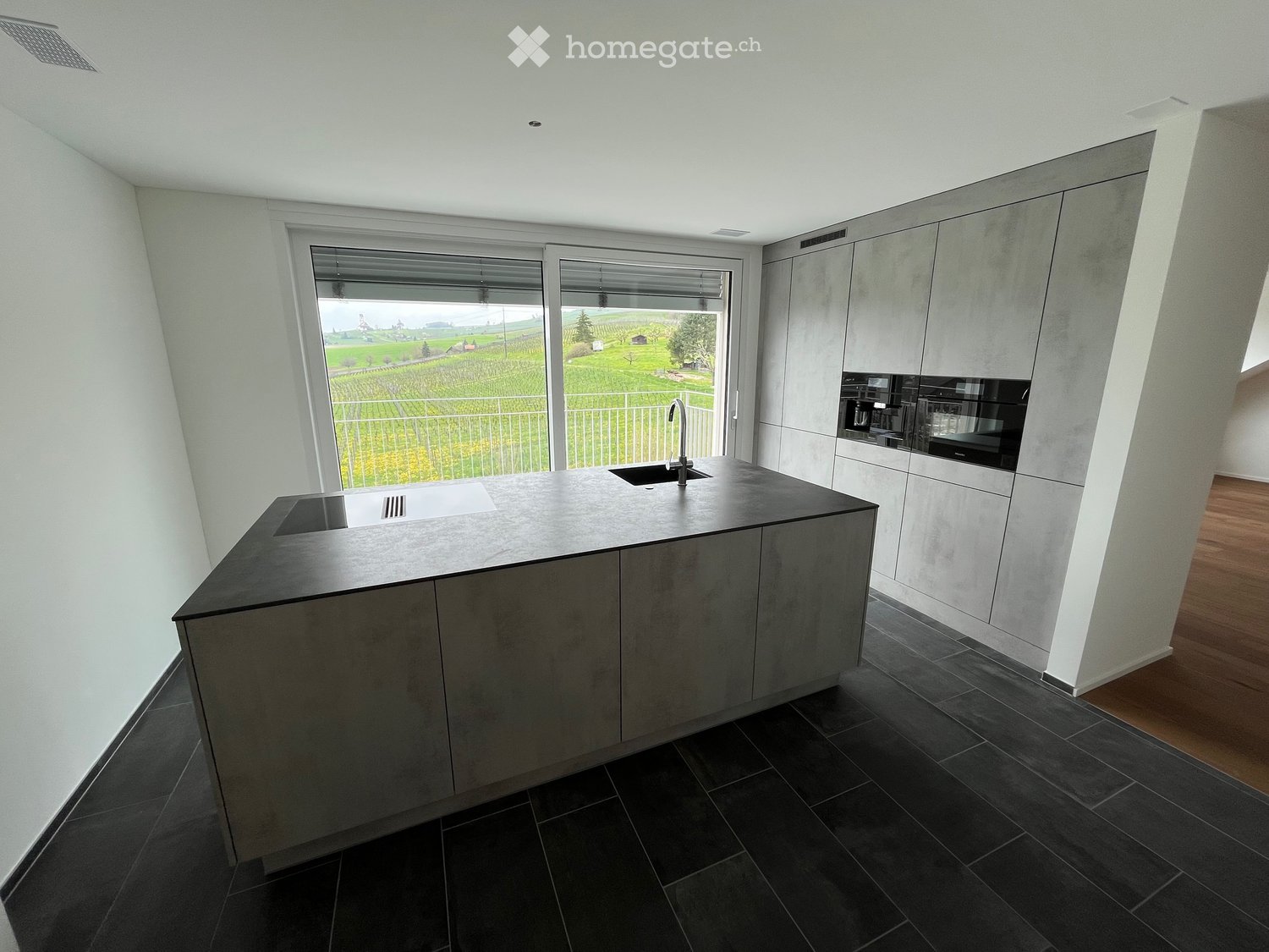 Modern kitchen, sleek countertops, built-in appliances, sliding doors to balcony