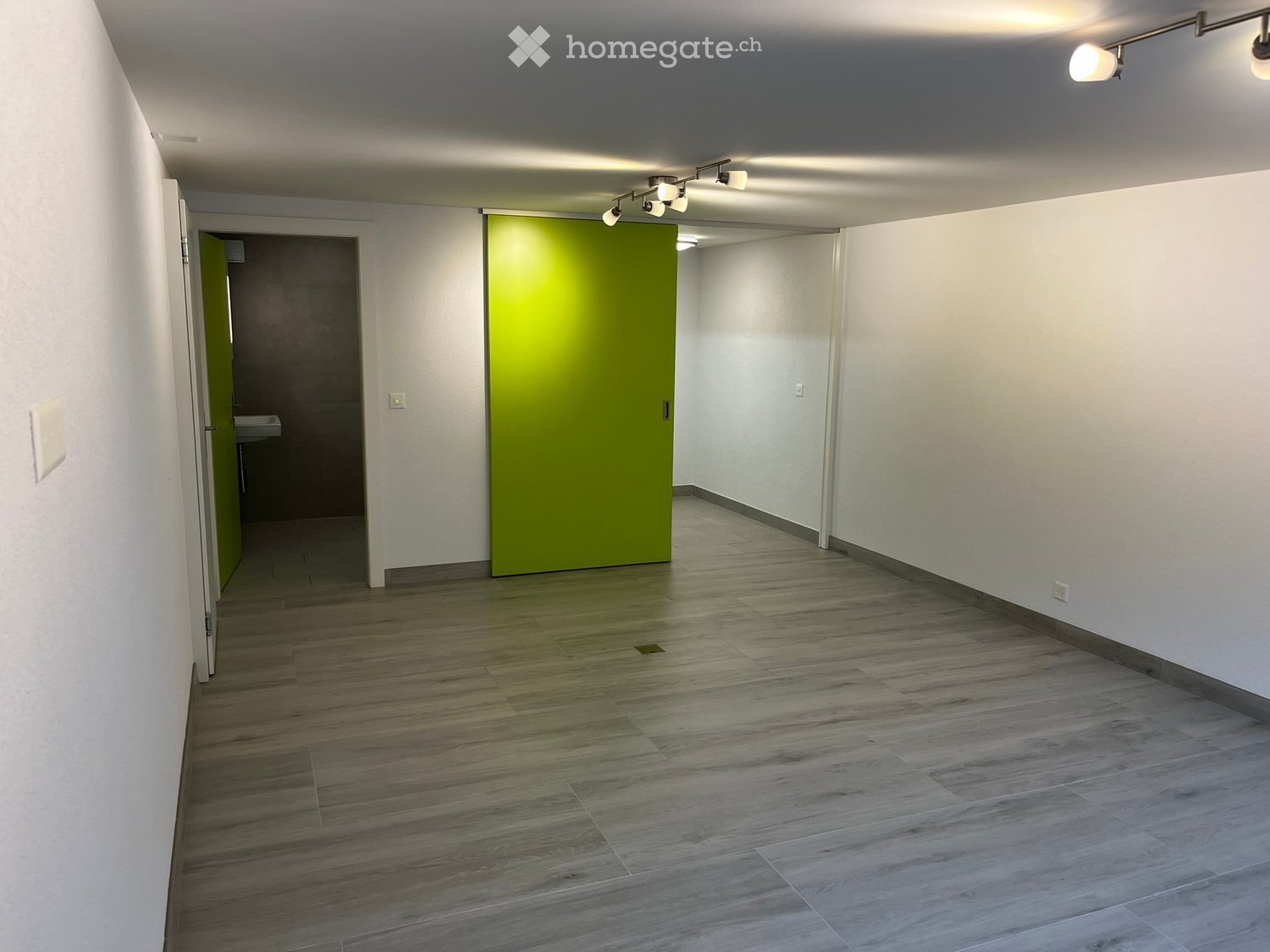 Empty hallway with wooden flooring, white walls, and modern lighting fixtures. Features a green door and an open doorway leading to another room.
