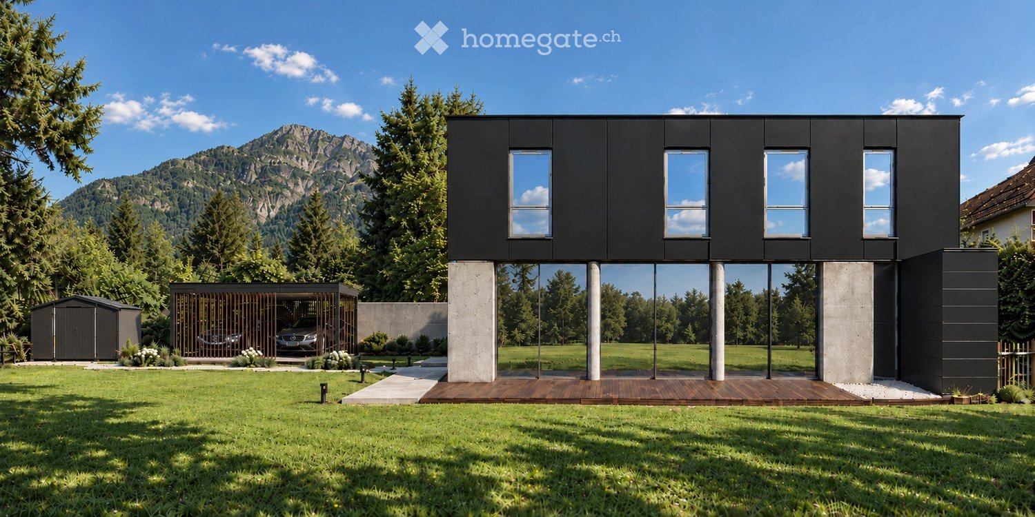 Modern two-story house with black exterior, large windows, raised ground floor, garage, and scenic mountain view.