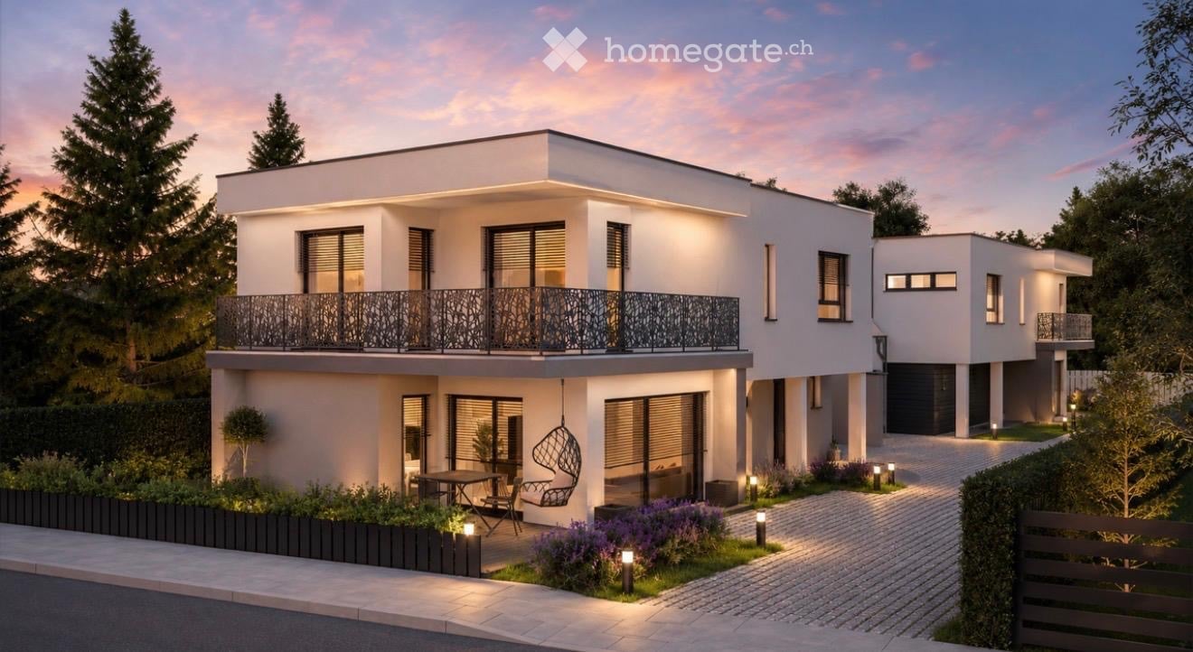 Modern two-story house with white exterior, large windows, balcony with decorative railing, and well-lit garden area with seating and plants.