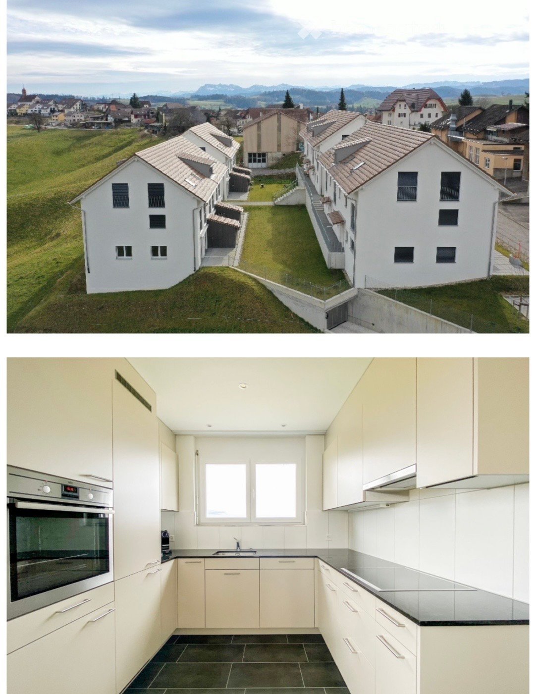 Aerial view of a residential complex with multiple houses and a green lawn, surrounded by a rural landscape with mountains in the background. The second image shows a modern, well-lit kitchen with white cabinets, stainless steel appliances, and a black co