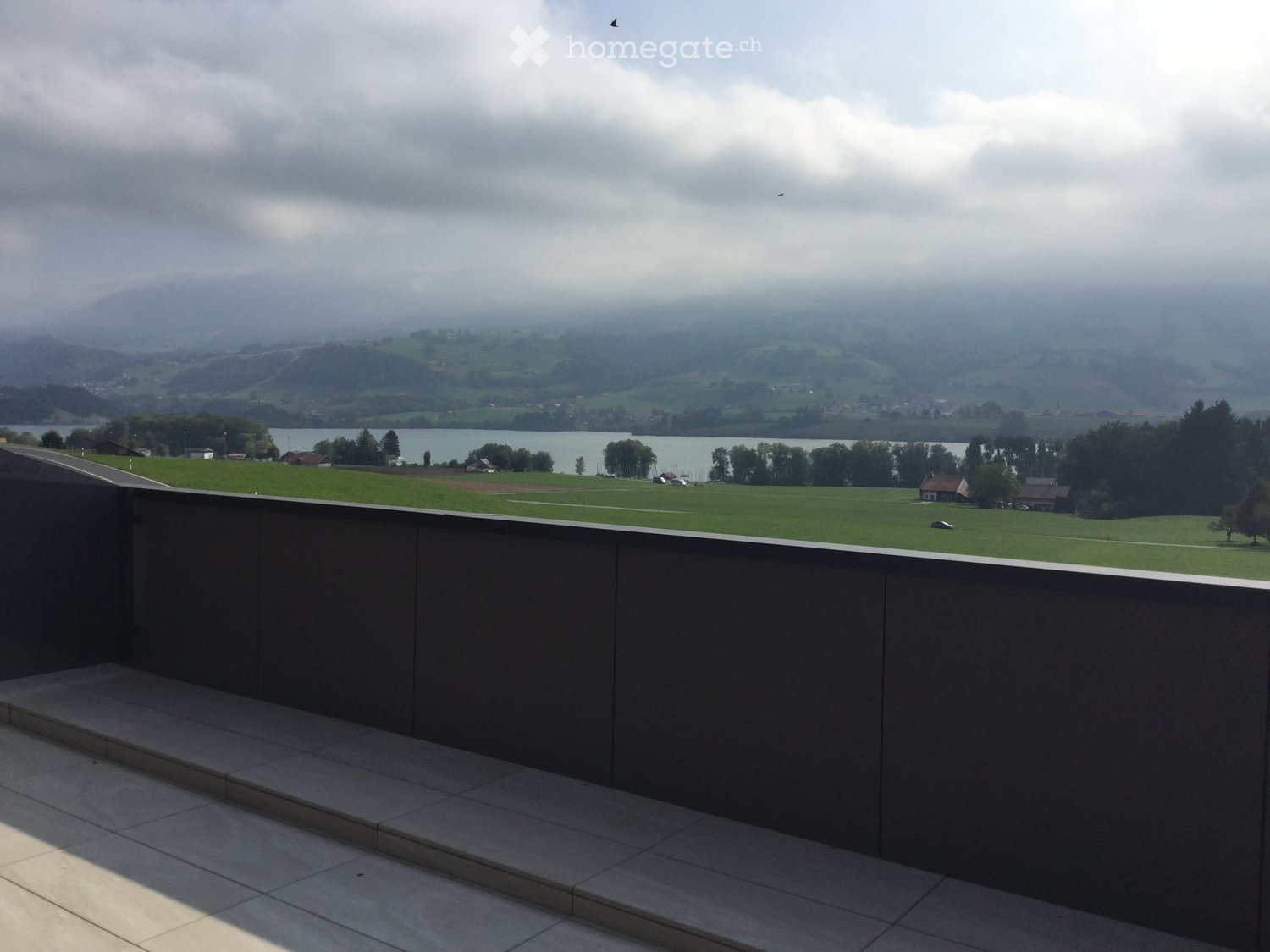 Balcony with a modern dark grey railing, overlooking a scenic landscape with a lake, green fields, and distant mountains under a cloudy sky.