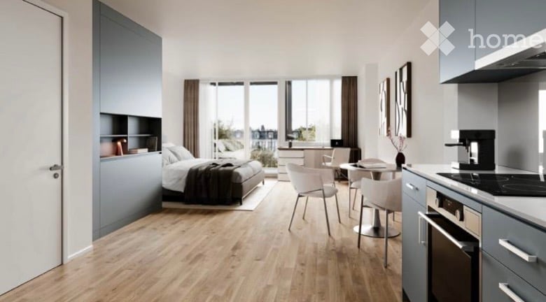 open layout with bedroom, dining area, kitchen, and large windows, balcony