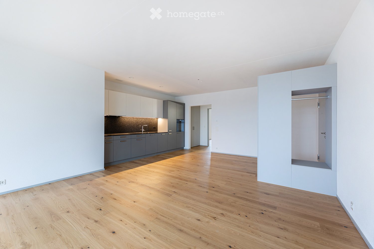 modern kitchen with oak wood floor, white and grey cabinet, black countertops, integrated oven
