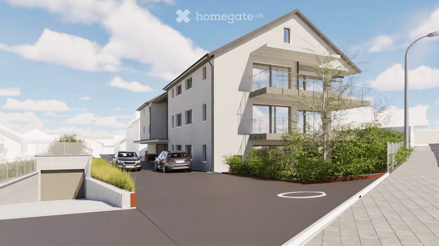 Modern two-story residential building with balconies, garage, and parking area.