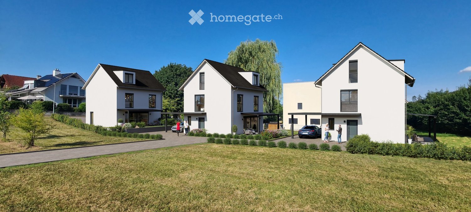 A modern residential complex with three contemporary houses, featuring clean lines, large windows, and well-maintained landscaping.