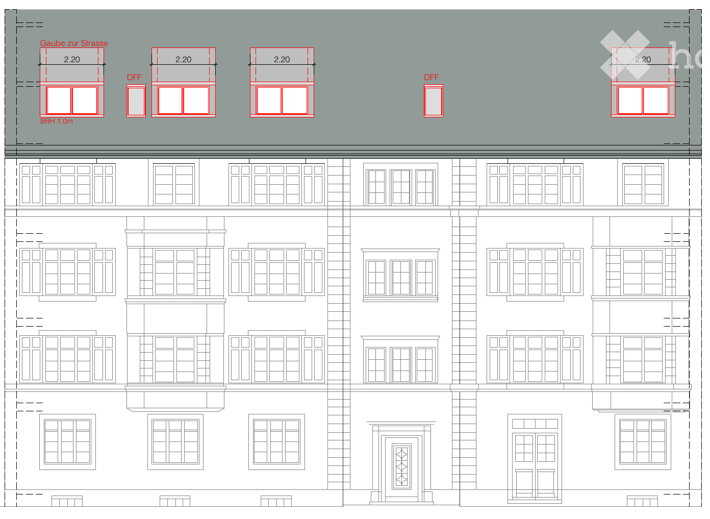 Floor plan of a multi-story building with detailed window and door placements, including labeled dimensions and room outlines.