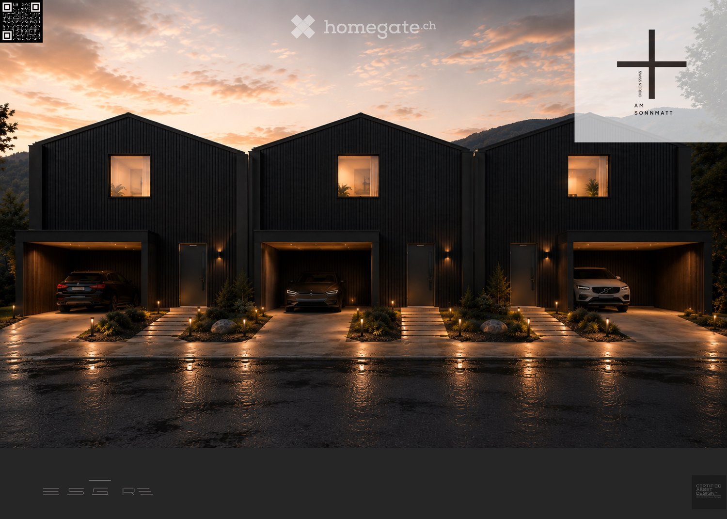 Modern two-story house with dark exterior, large windows, and three attached garages. The house is surrounded by small landscaped areas and illuminated by ground lights.