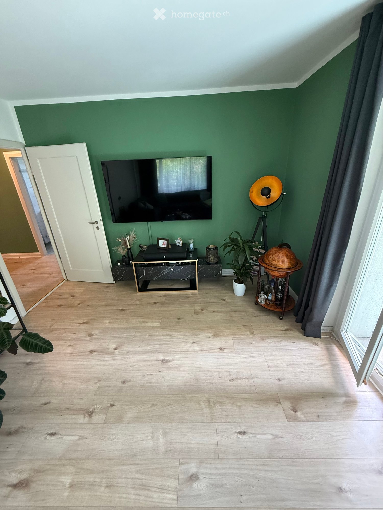Living room with green walls, wooden flooring, television mounted on wall, small table with decorative items, floor lamp, globe on stand, and potted plant.