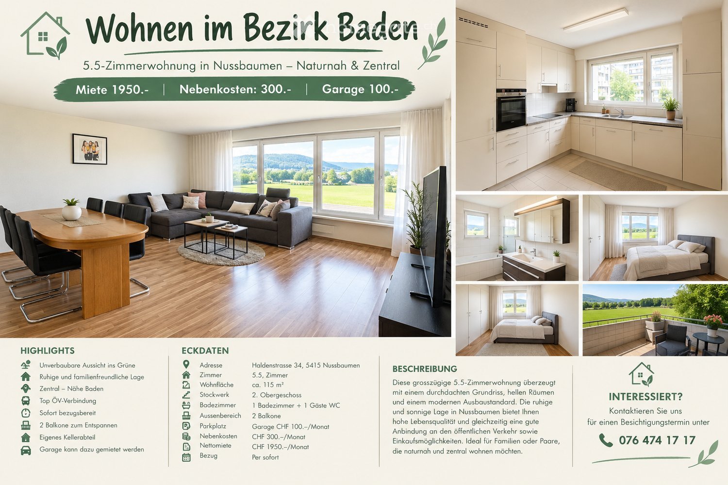 Brochure showcasing a 5.5-room apartment in Nussbaumen, featuring a living room, dining area, kitchen, bedrooms, and bathrooms. Highlights include scenic views, central location, and a garage.