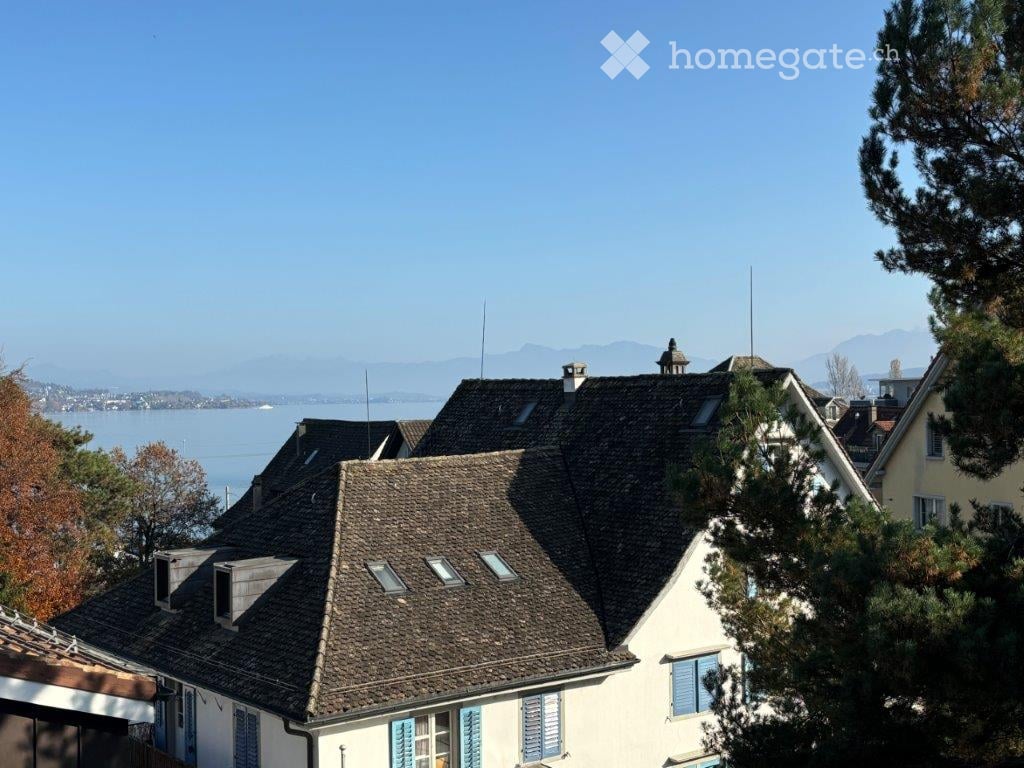 A multi-story house with a dark tiled roof, light blue shutters, and a scenic view of a lake and distant mountains.