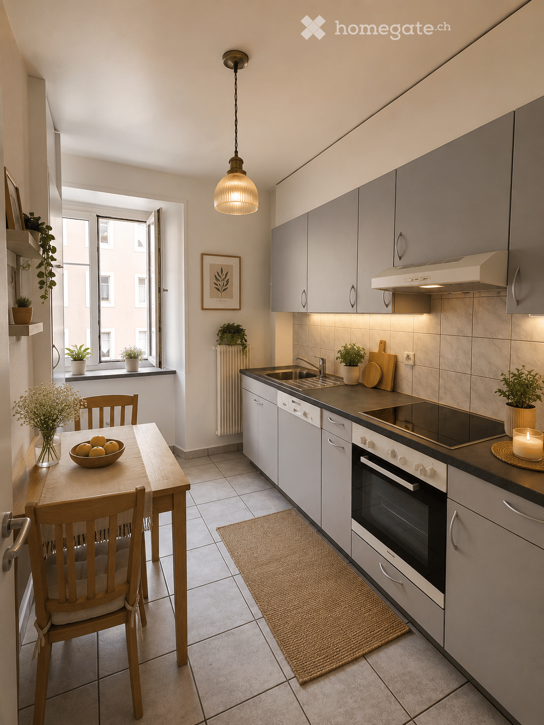 Modern kitchen with white cabinets, stainless steel appliances, a wooden dining table with chairs, and a small rug on the floor.