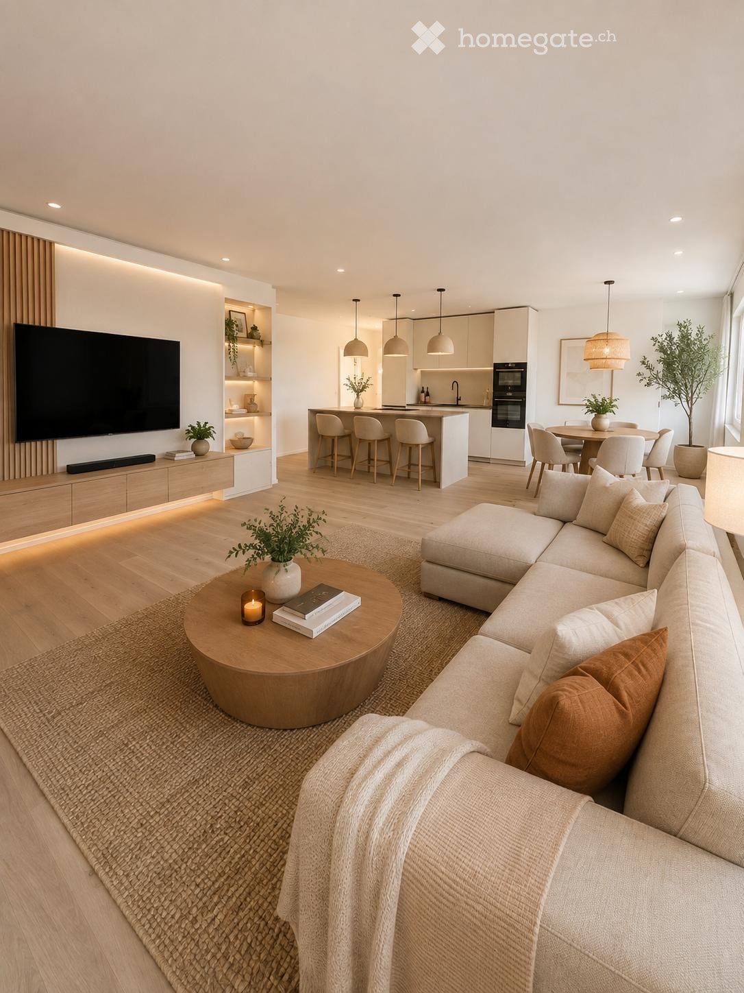 Modern open-plan living and dining area with a sectional sofa, coffee table, kitchen island, dining table, and pendant lights.