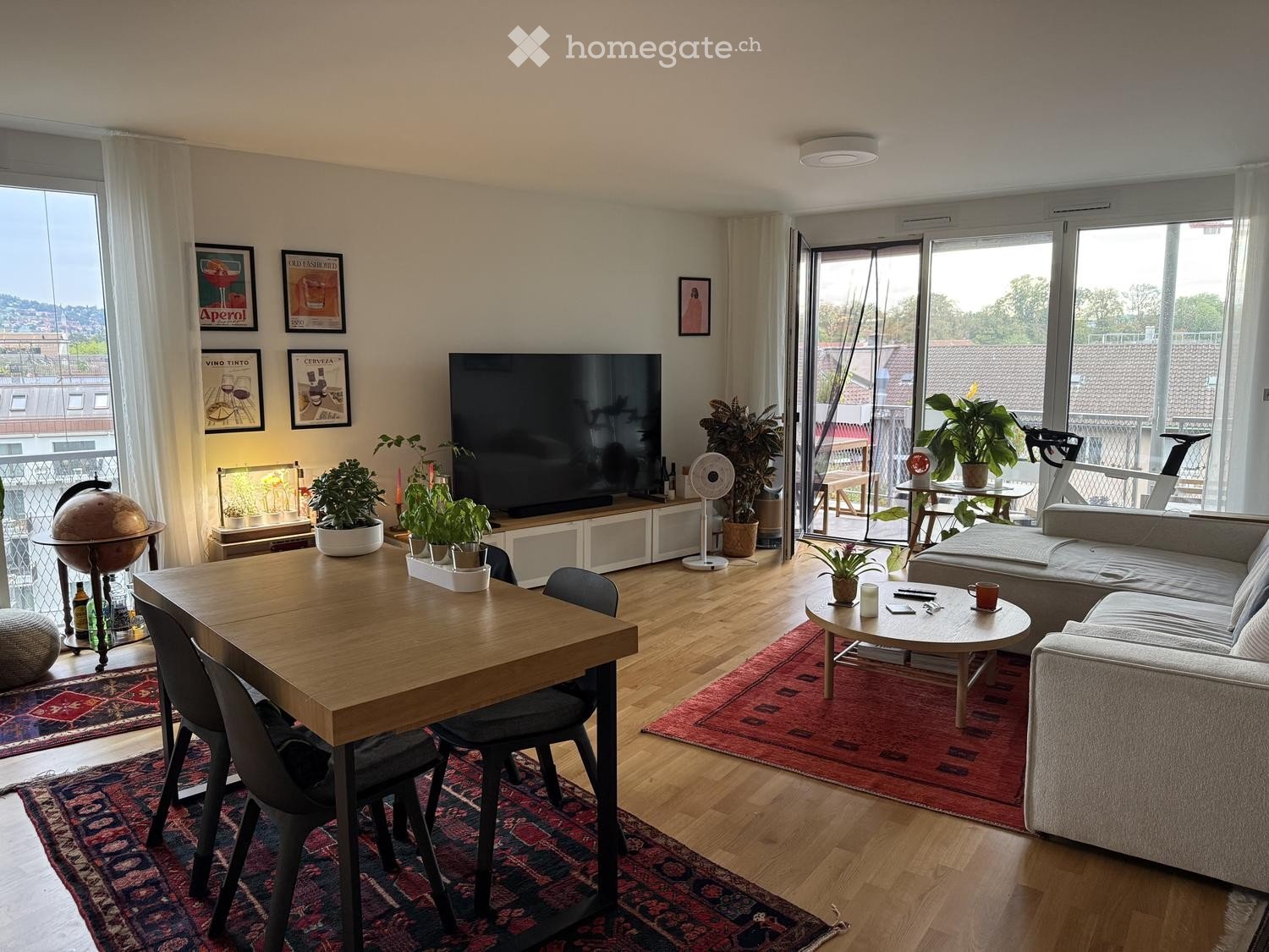 Bright living room with large windows and a view, featuring a grey sectional sofa, coffee table, dining table with chairs, TV, fan, globe, and potted plants.