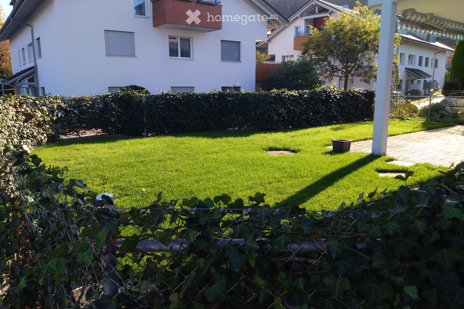 Well-maintained lawn with trimmed hedges, a small garden pot, and a paved pathway leading to a house entrance.
