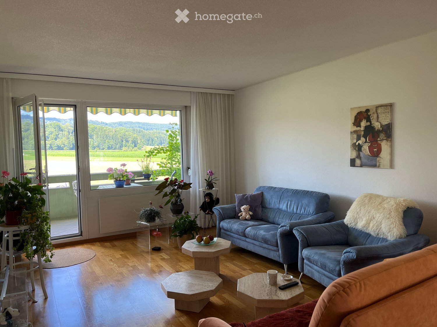 Bright living room with wooden flooring, large windows offering a scenic view, blue sofa, armchair, coffee tables, and decorative plants.