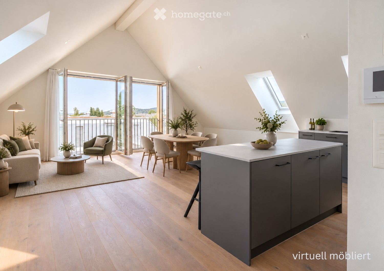 Open-plan living and dining area with a kitchen island, sofa, dining table, chairs, and armchairs. Large windows and sliding doors lead to a balcony.