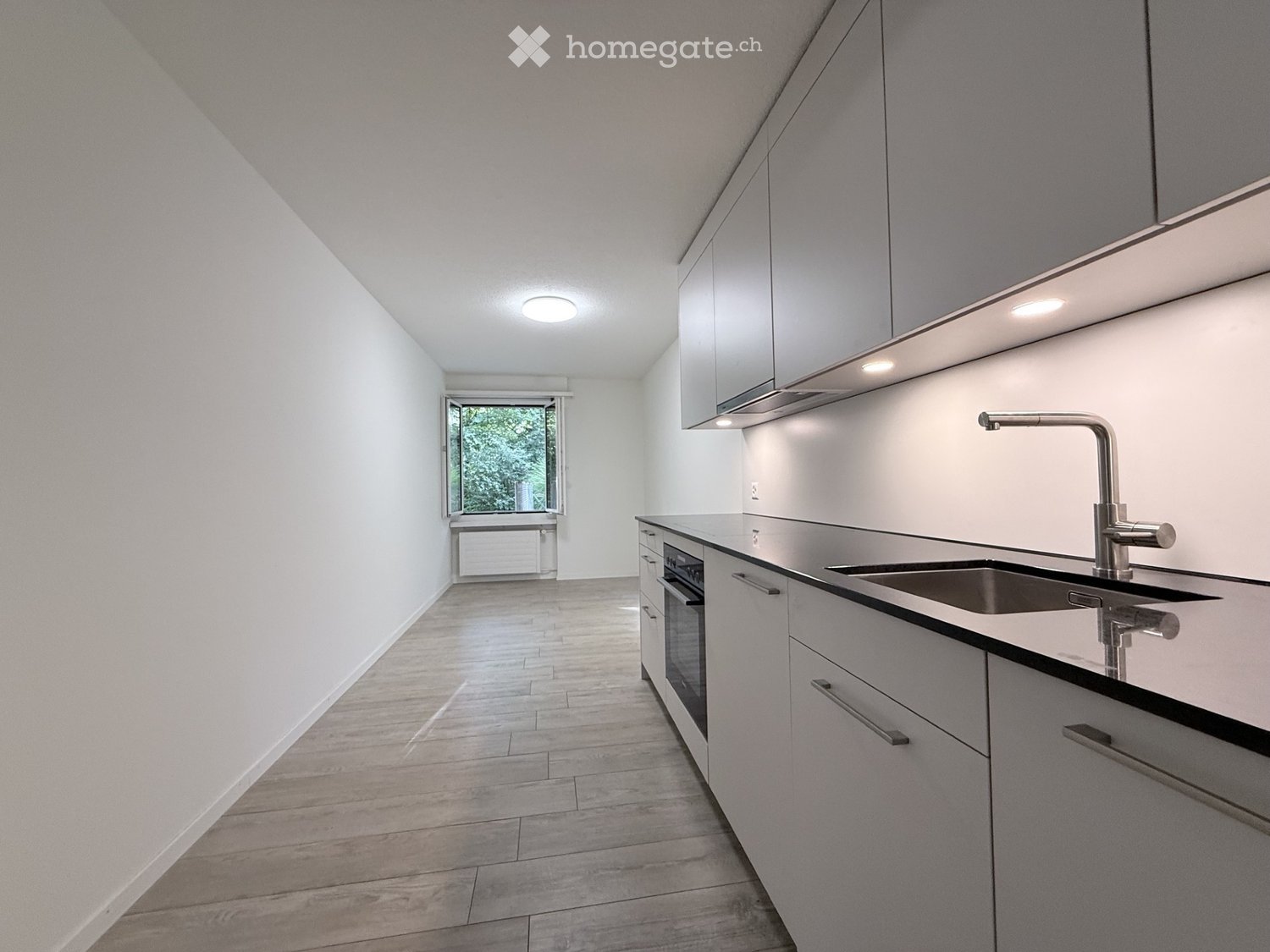 Modern, minimalist kitchen with white cabinets, stainless steel sink, and a window overlooking greenery. The space features a sleek, contemporary design with a clean, uncluttered appearance.